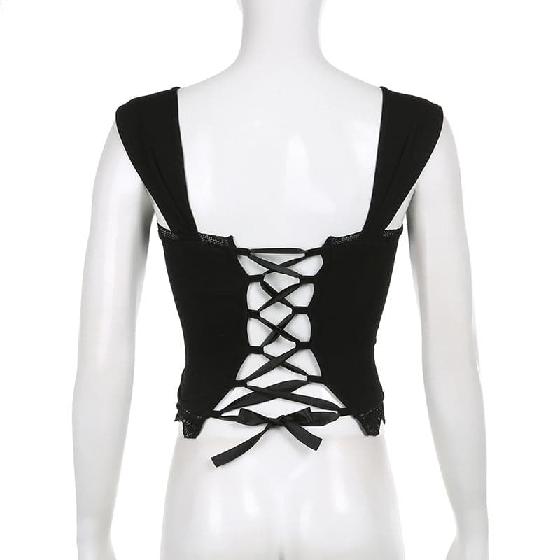 Square neck solid lace hem lace up crop top