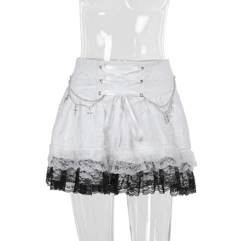 Lace up metal chain lace hem mini skirt