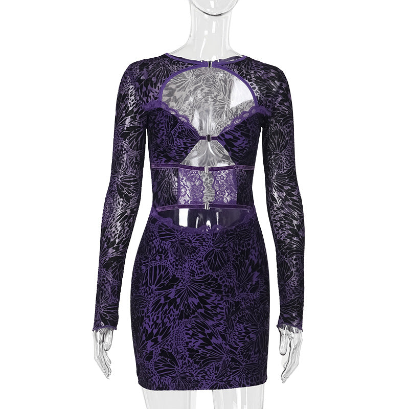 Long sleeve hollow out lace button mini dress