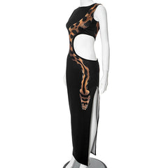 Sleeveless crewneck snake print hollow out slit maxi dress