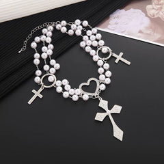 O ring faux pearl layered cross pendant choker necklace