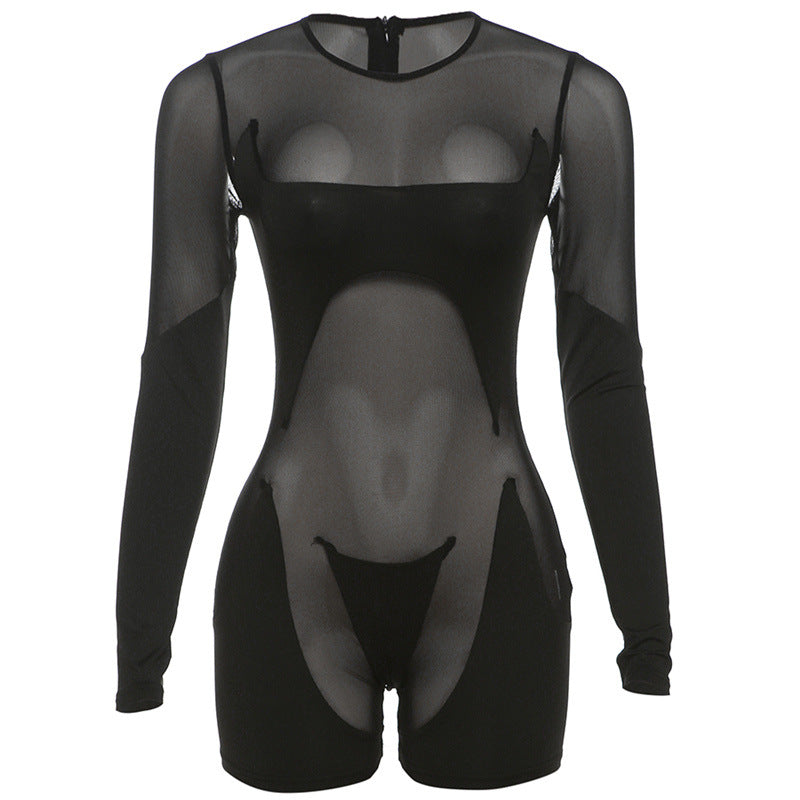 Long sleeve crewneck mesh patchwork zip-up romper