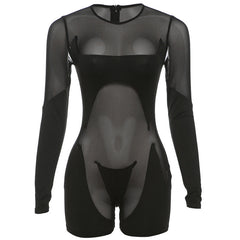 Long sleeve crewneck mesh patchwork zip-up romper
