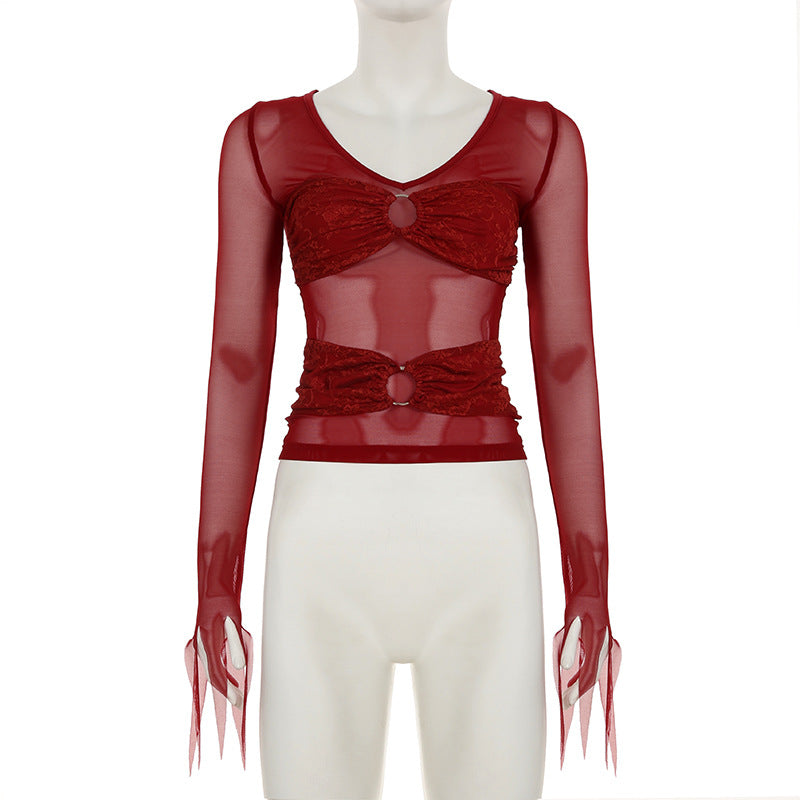 V neck long sleeve o ring lace mesh top