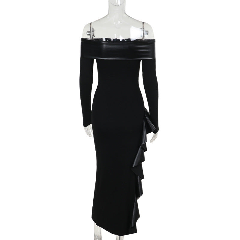 Off shoulder long sleeve PU leather slit ruffle maxi dress