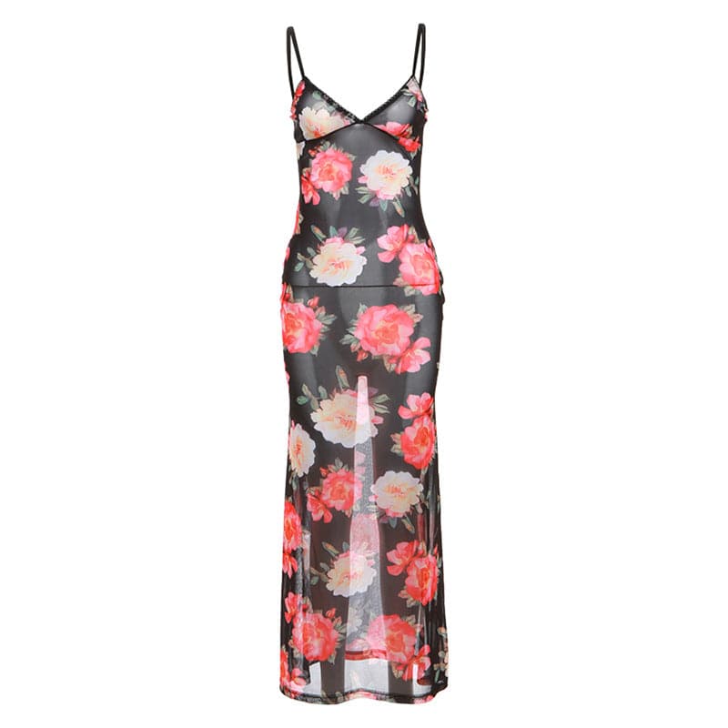 Sheer mesh flower print cami maxi dress  | samba dress