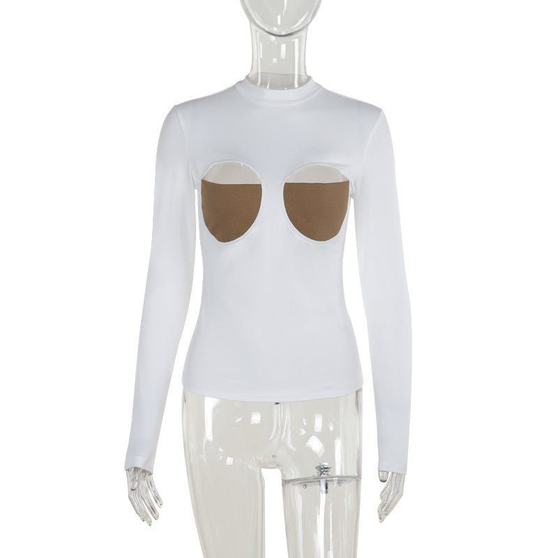 Long sleeve crewneck patchwork hollow out top
