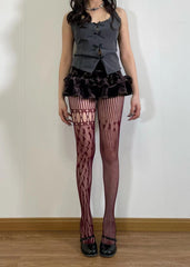 Heart pattern hollow out fishnet asymmetrical tights