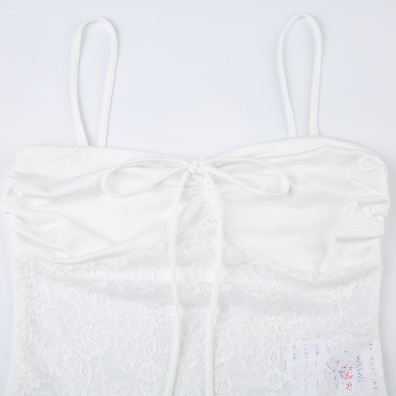 Lace solid self tie ruched backless cami top