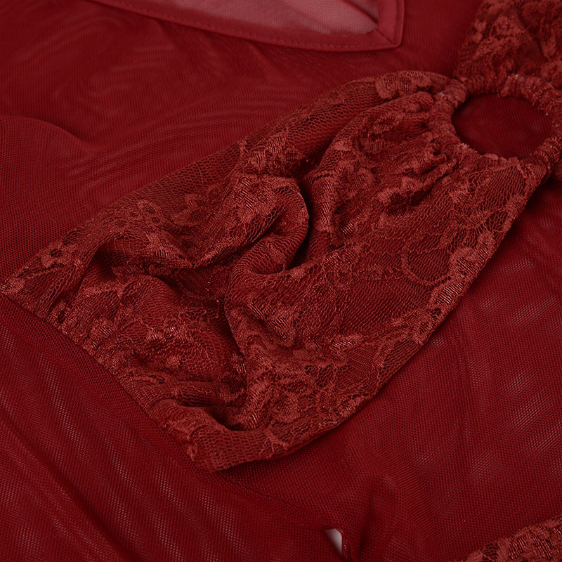 V neck long sleeve o ring lace mesh top