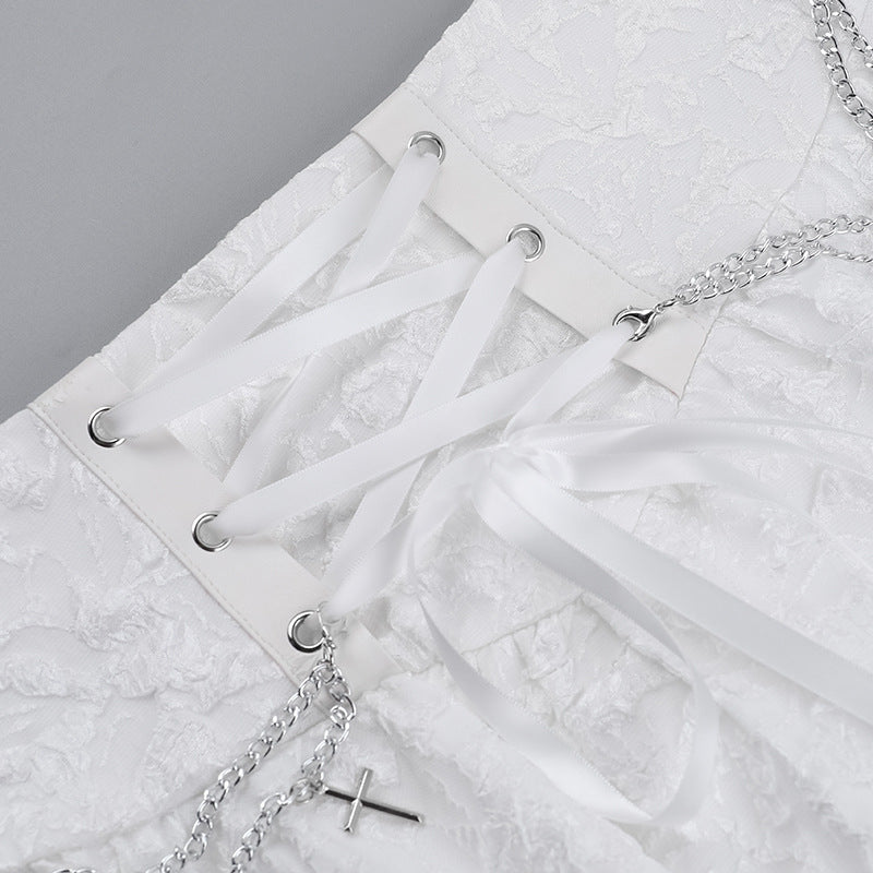 Lace up metal chain lace hem mini skirt