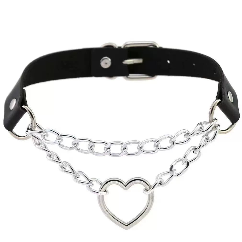 PU leather rivet o ring metal chain necklace
