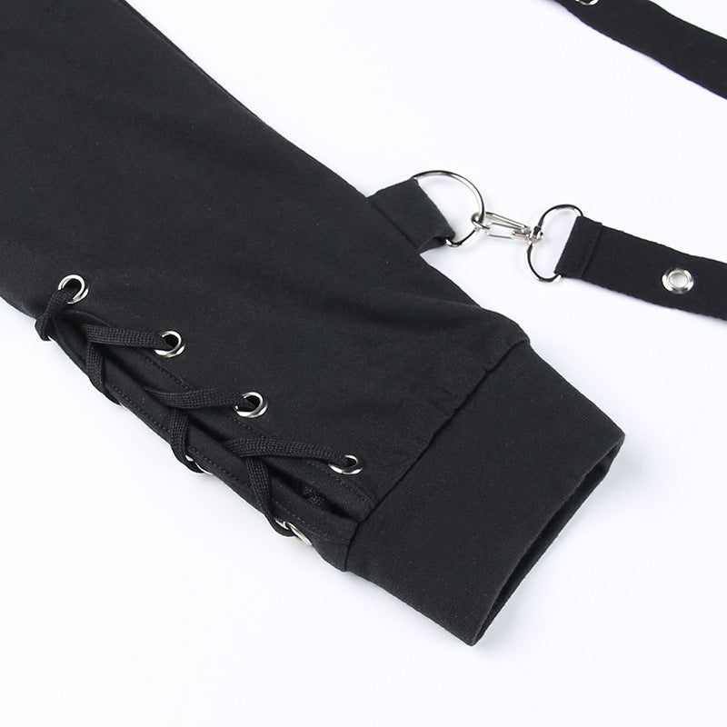 Hoodie long sleeve o ring lace up top