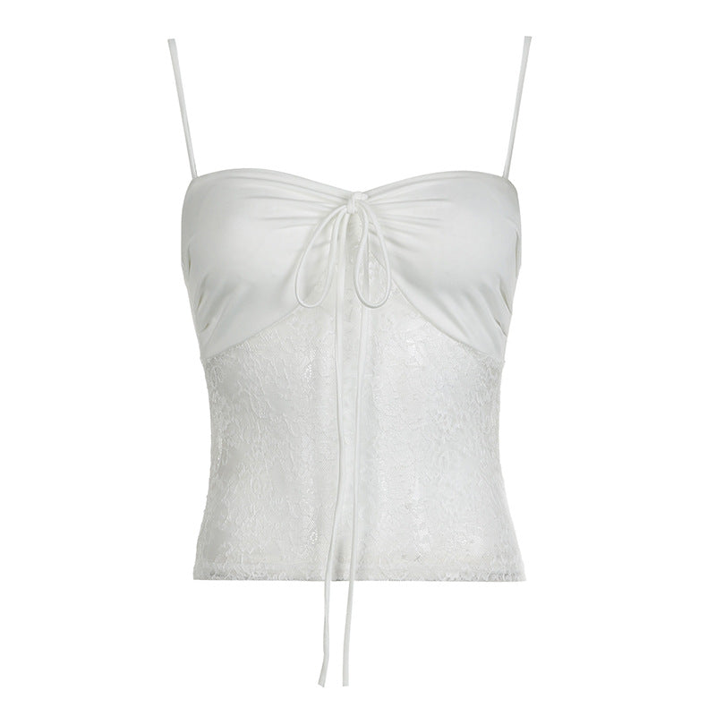 Lace solid self tie ruched backless cami top