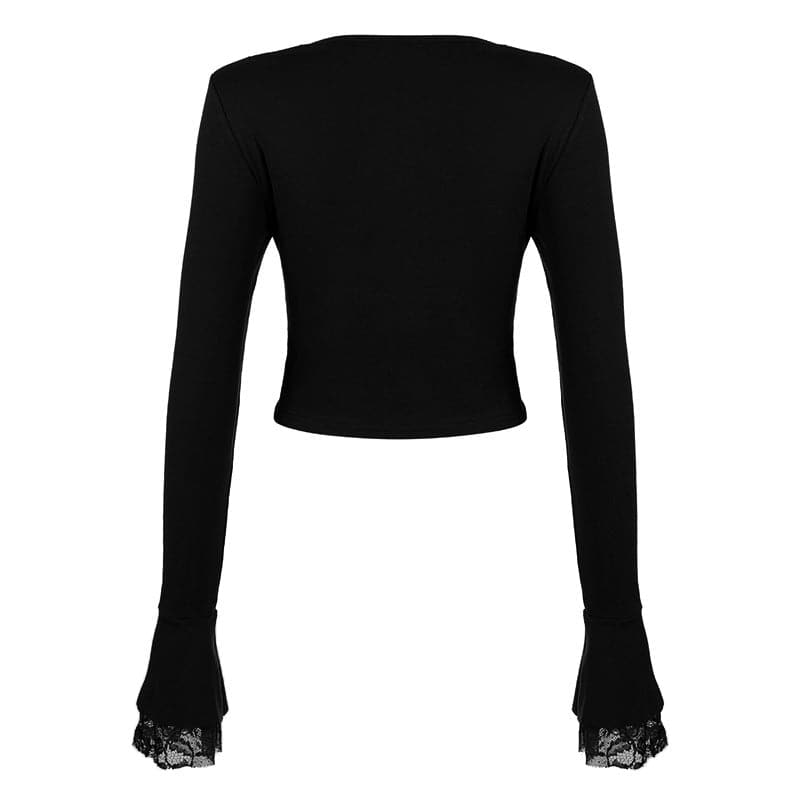 Long flared sleeve drawstring ruched lace top