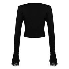 Long flared sleeve drawstring ruched lace top