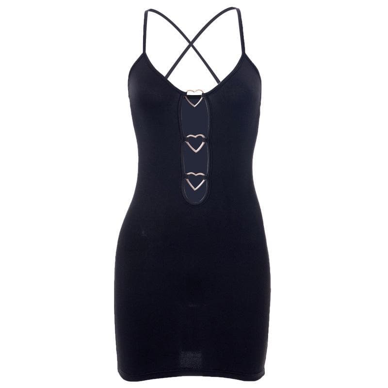 Heart ring hollow out cross back dress  | black rave dress  | black rave dress