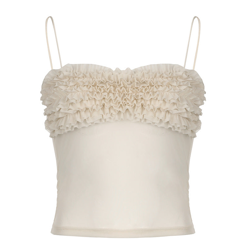 Ruched ruffle sheer mesh cami top