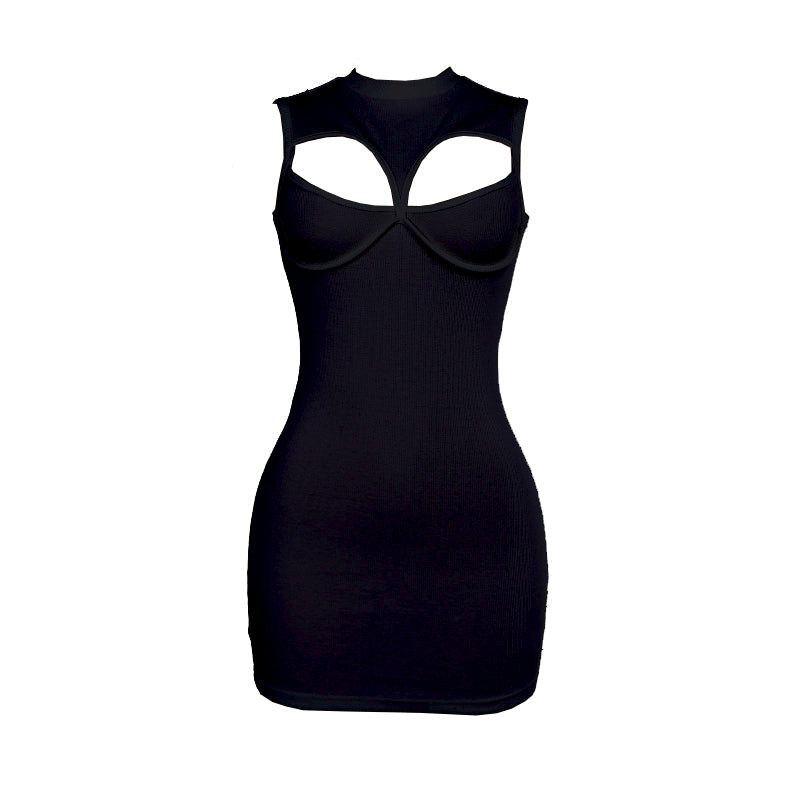 Crewneck sleeveless hollow out ribbed mini dress