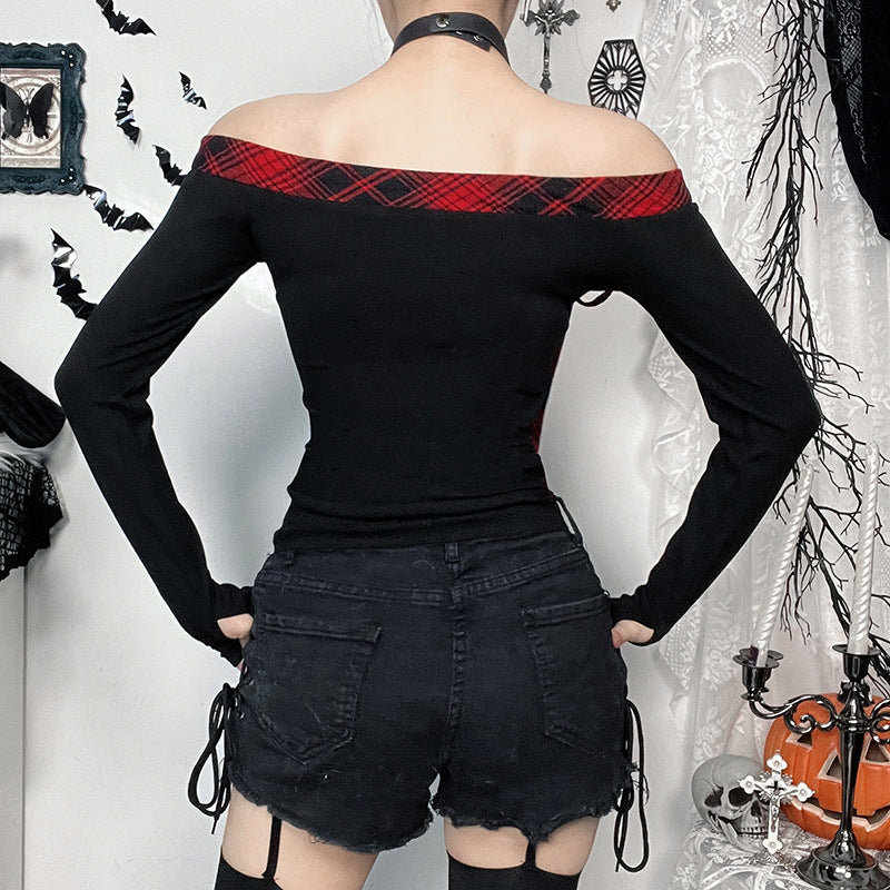 Off shoulder long sleeve plaid star pattern top