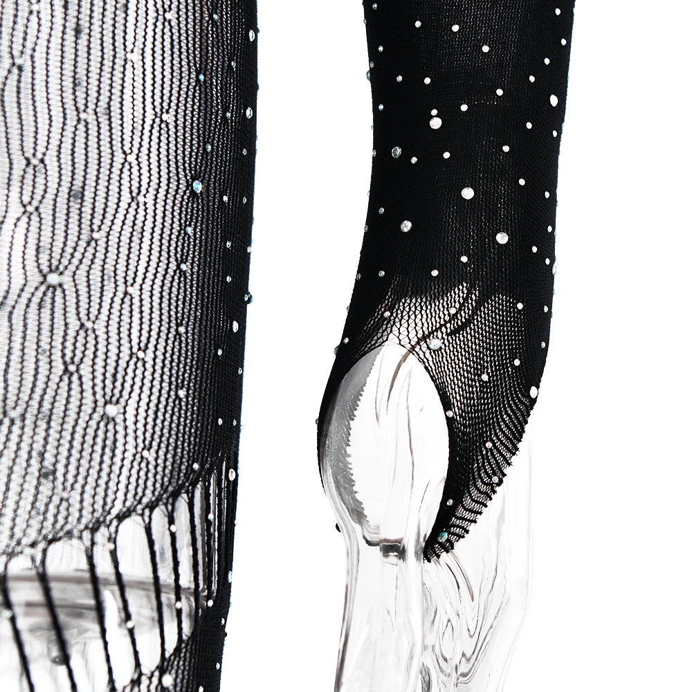 Off shoulder long sleeve beaded hollow out jumpsuit