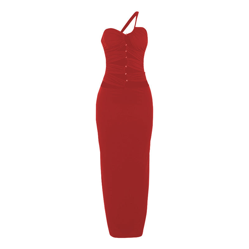 One shoulder hollow out metal applique maxi dress  | red tango dress