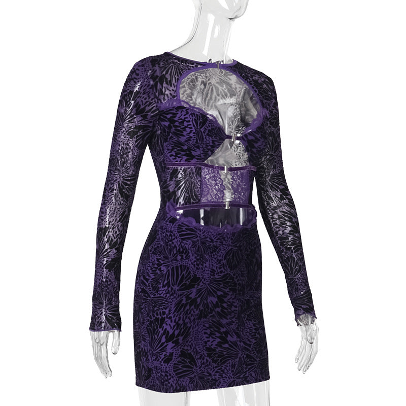 Long sleeve hollow out lace button mini dress