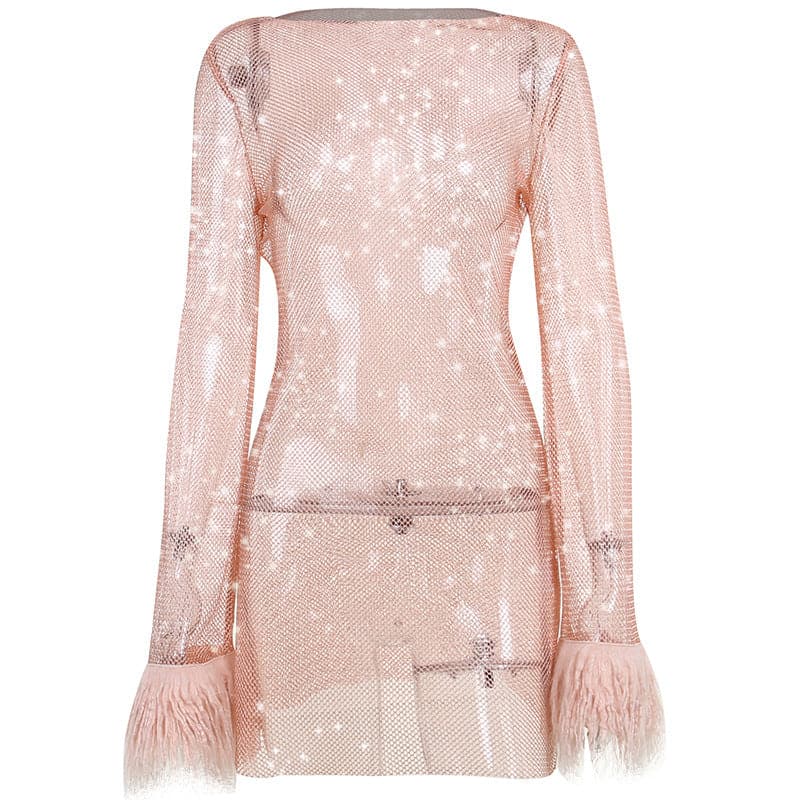 Long sleeve solid see through sheer mesh fluffy round neck mini dress  | samba dress