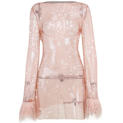 Long sleeve solid see through sheer mesh fluffy round neck mini dress  | samba dress