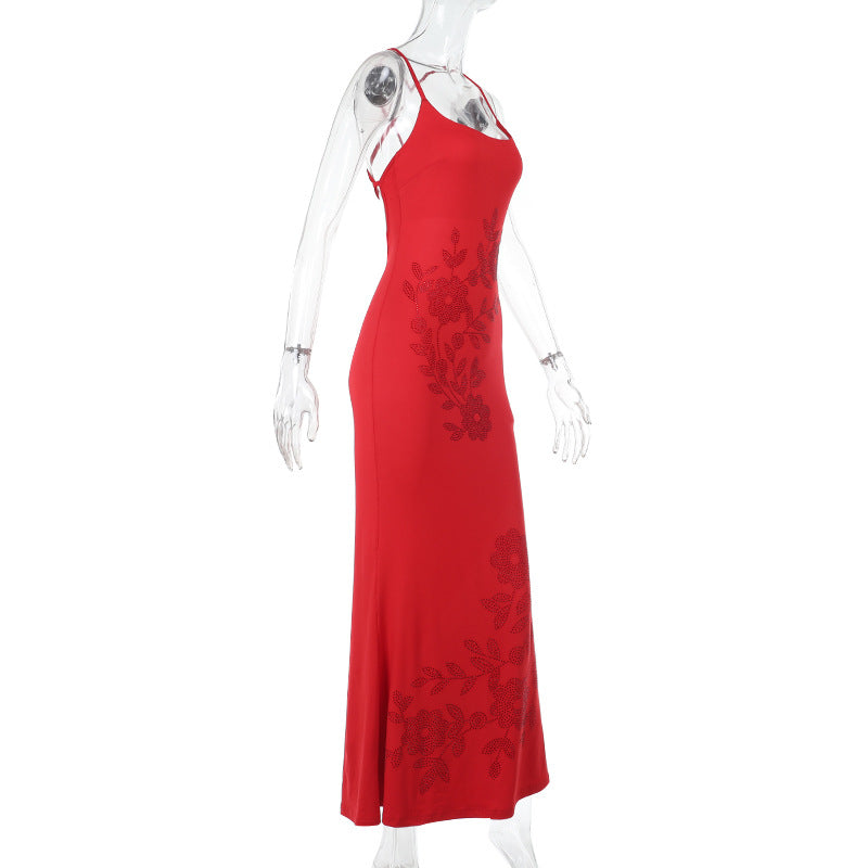 U neck flower beaded cross back cami maxi dress