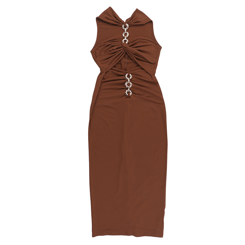 Halter hollow out o ring ruched maxi dress
