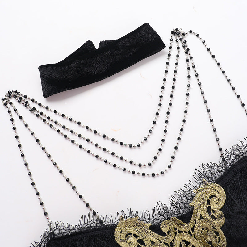 Velvet beaded lace hem cami top