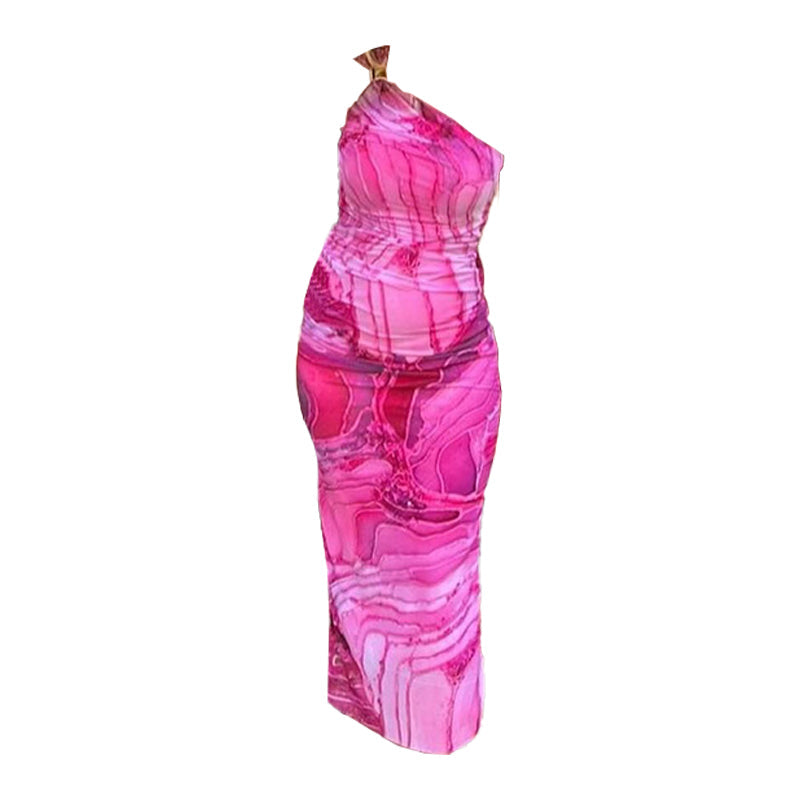 One shoulder print ruched maxi dress  | red tango dress