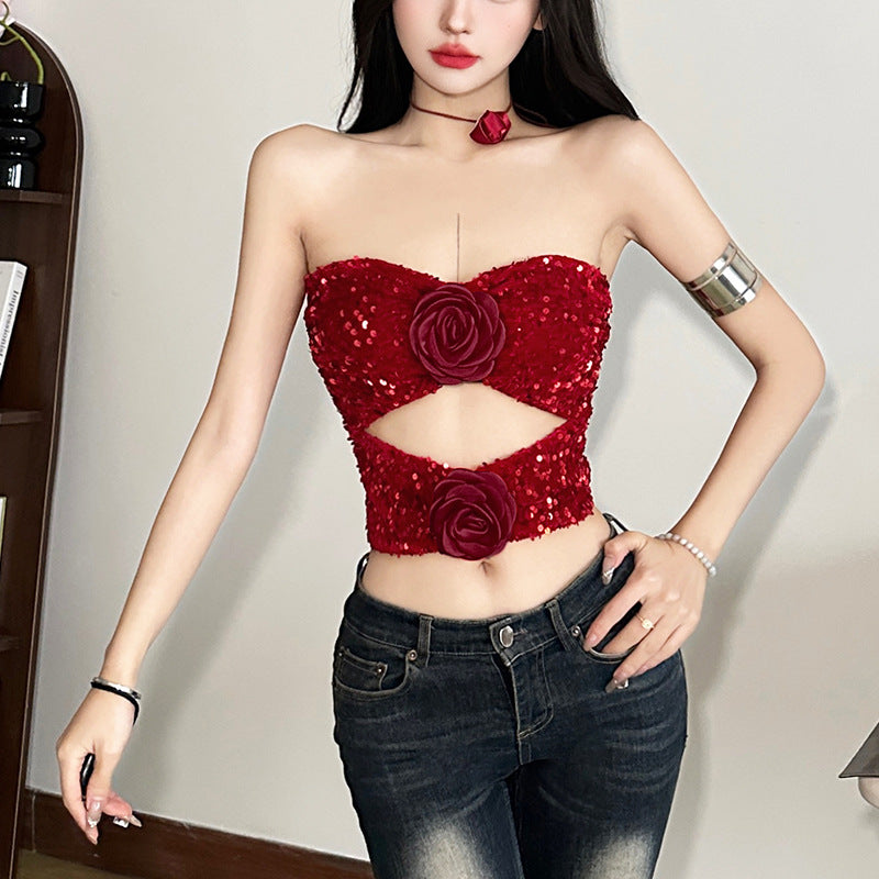 Flower applique hollow out tube top