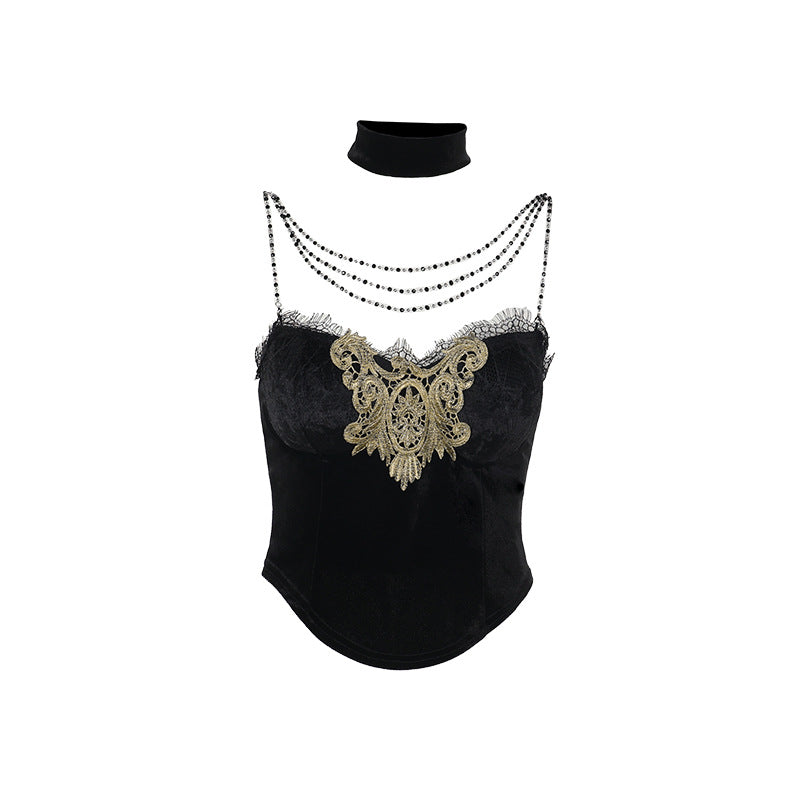 Velvet beaded lace hem cami top