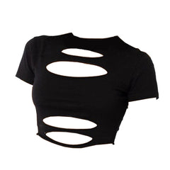Short sleeve crewneck hollow out solid crop top