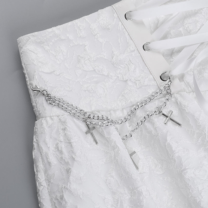 Lace up metal chain lace hem mini skirt