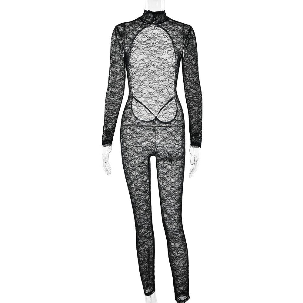 High neck long sleeve lace backless jumpsuit
