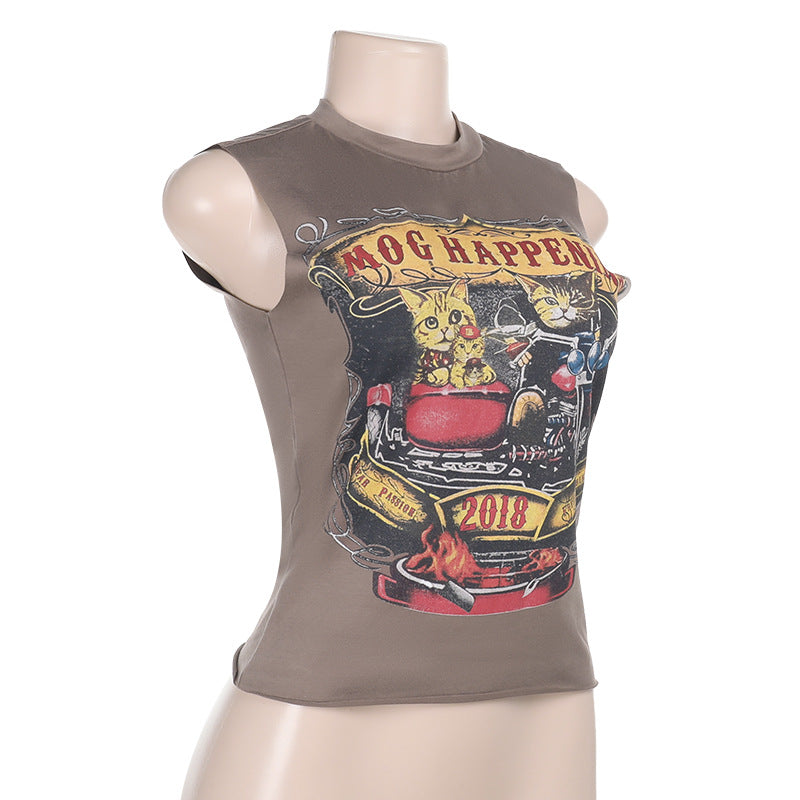 Crewneck sleeve cats print top