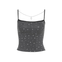 Print lace hem beaded backless cami top