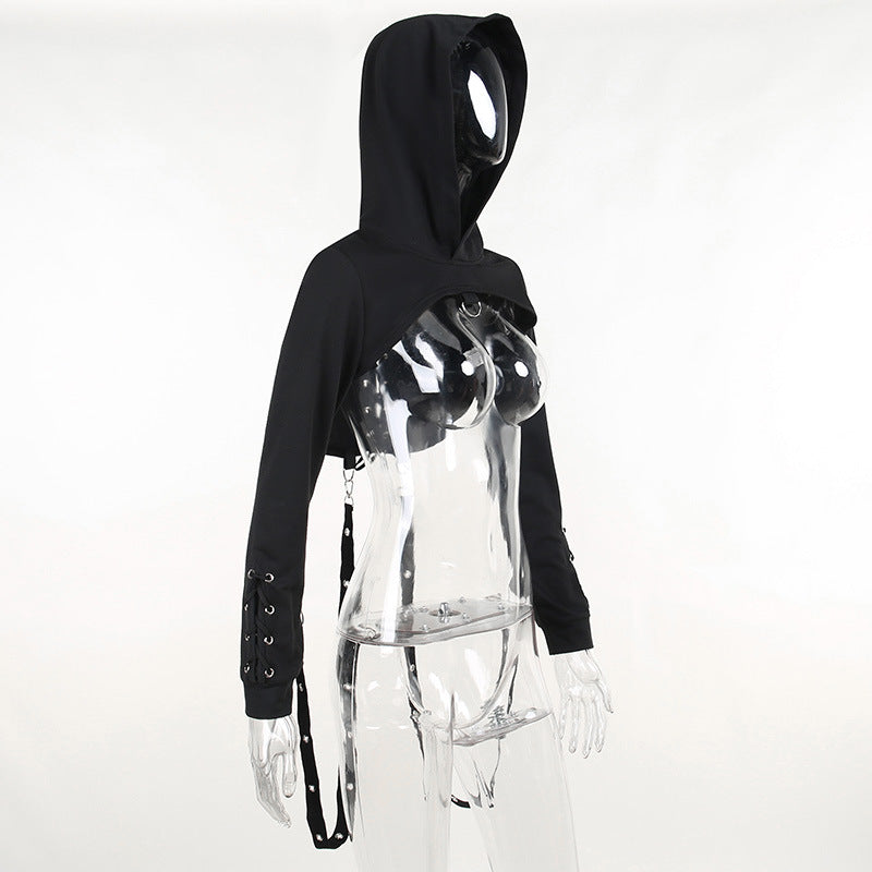 Hoodie long sleeve o ring lace up top