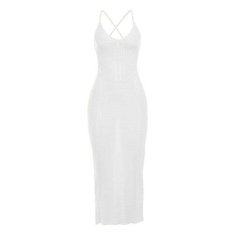 Deep u neck knitted lace up cross back cami midi dress  | black rave dress