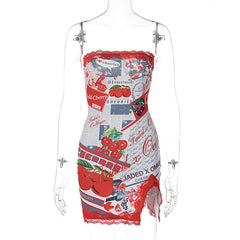 Slit abstract sleeveless contrast backless tube dress  | red tango dress