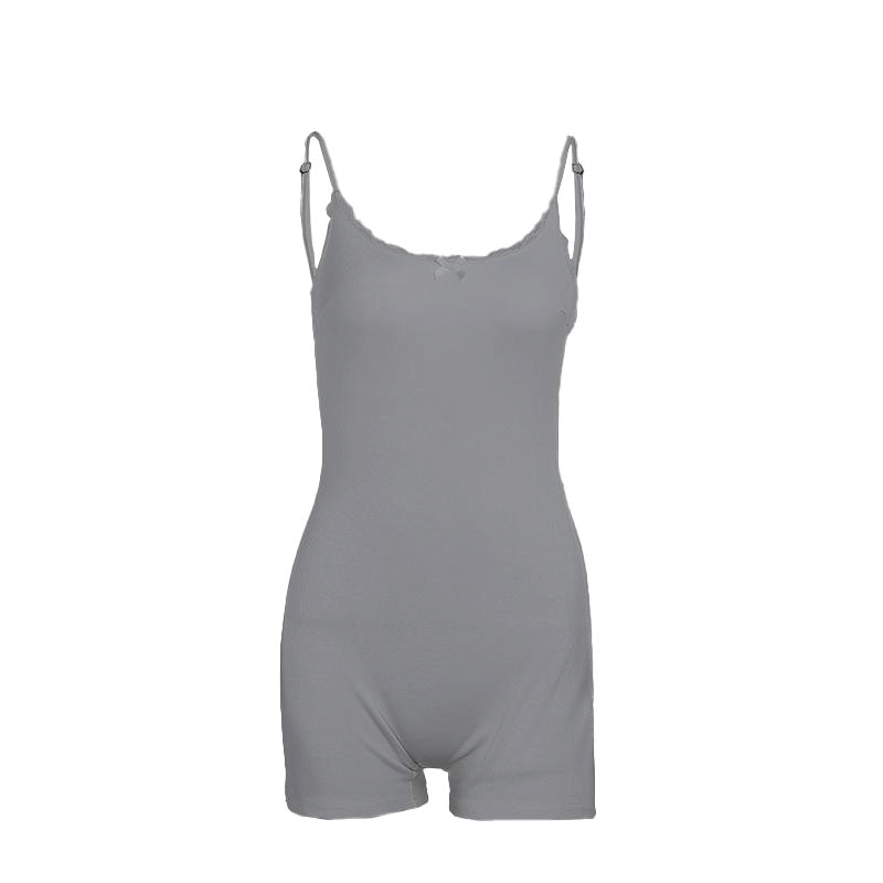 Bowknot lace hem ribbed cami romper