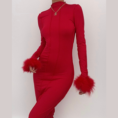 Long sleeve solid feather ruffle high neck backless midi dress  | red tango dress