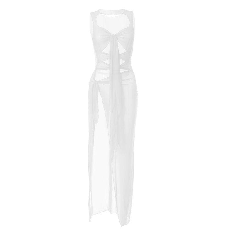 Sheer mesh see through knotted hollow out slit maxi dress  | red tango dress  | samba dress