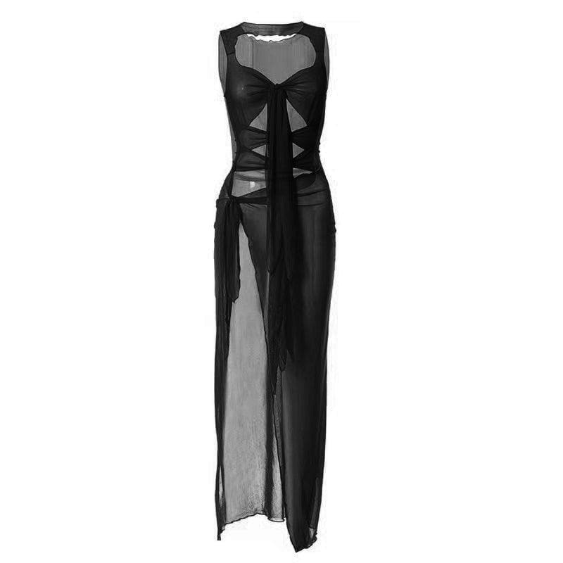 Sheer mesh see through knotted hollow out slit maxi dress  | red tango dress  | samba dress