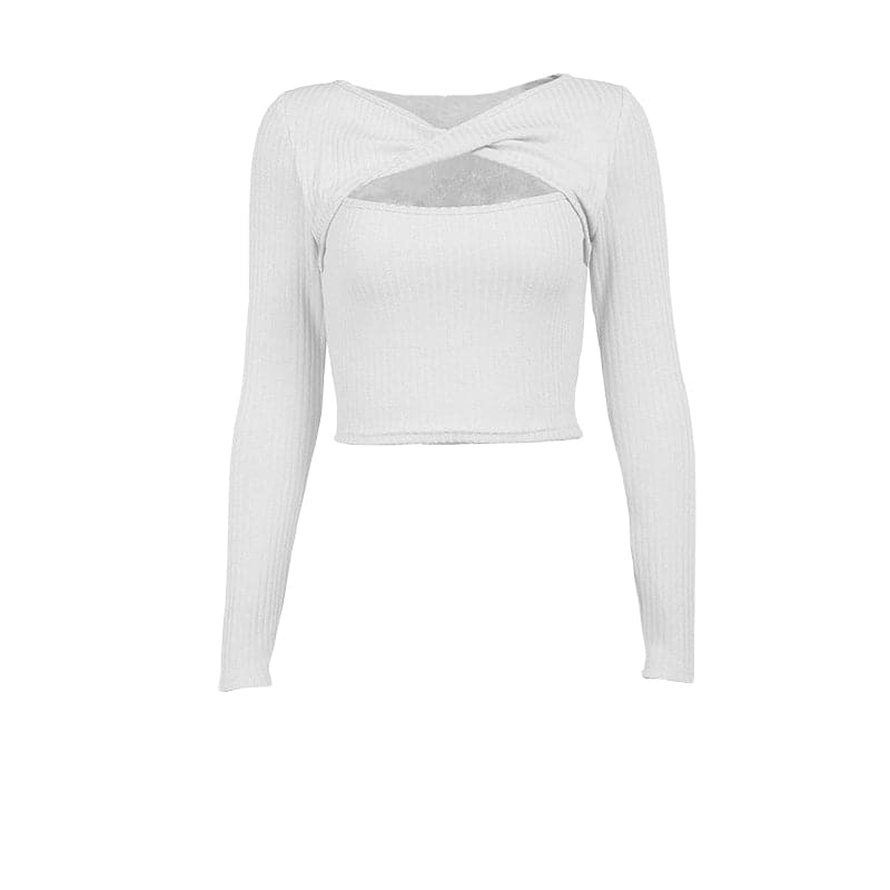 Long sleeve knitted hollow out ribbed cross front crop top