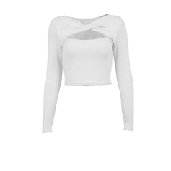 Long sleeve knitted hollow out ribbed cross front crop top