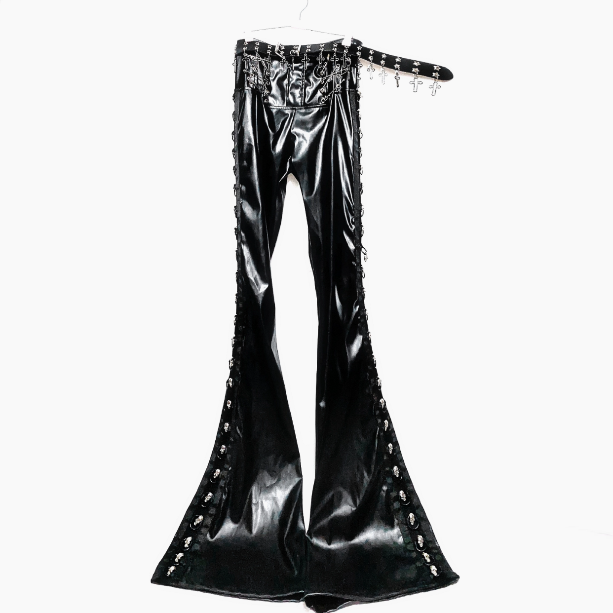 PU leather o ring skull applique pant